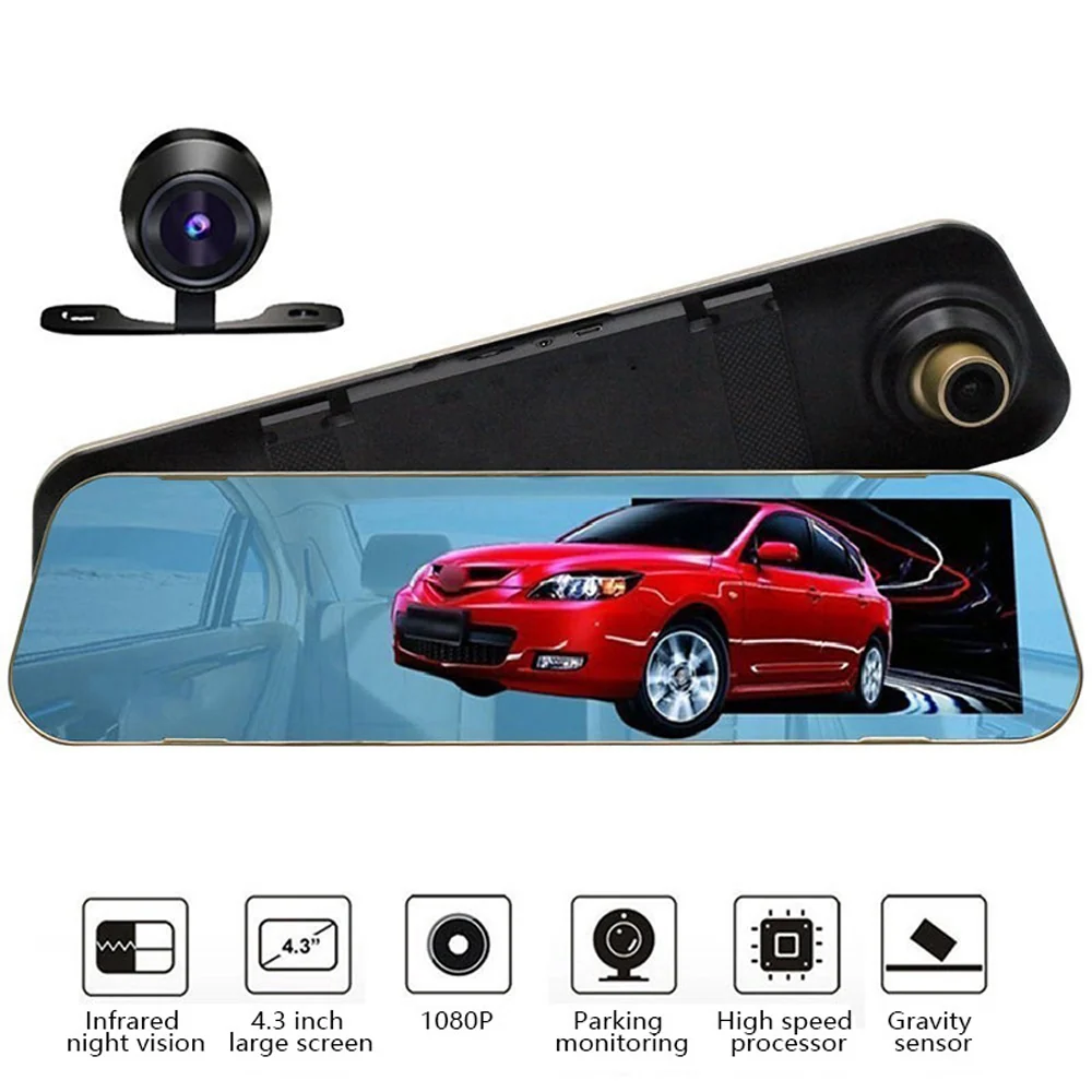 Rétroviseur avec caméra de voiture avec écran LCD de 4,3 pouces et enregistreur