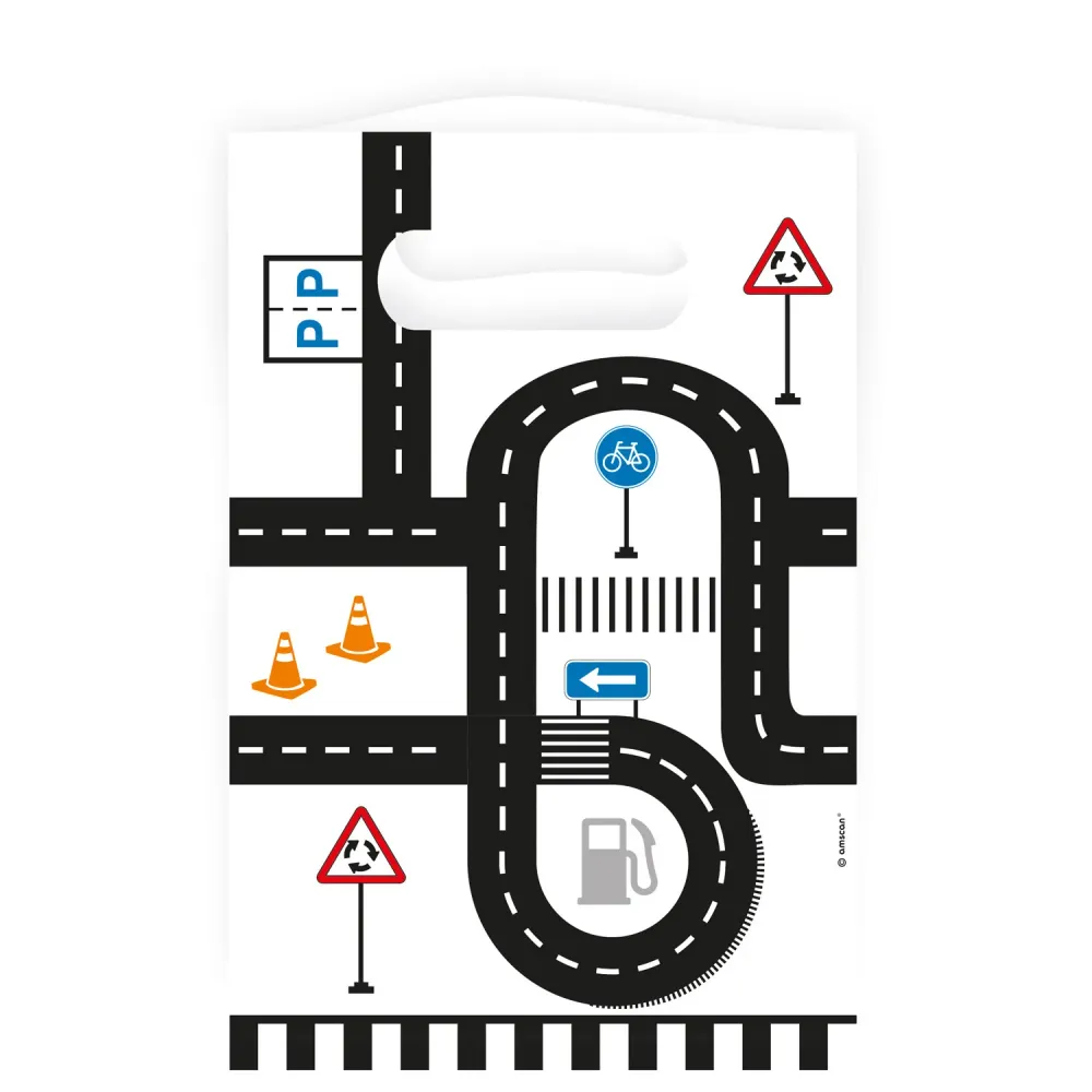 Sacs à cadeaux route, voiture "On road", lot de 8, papier