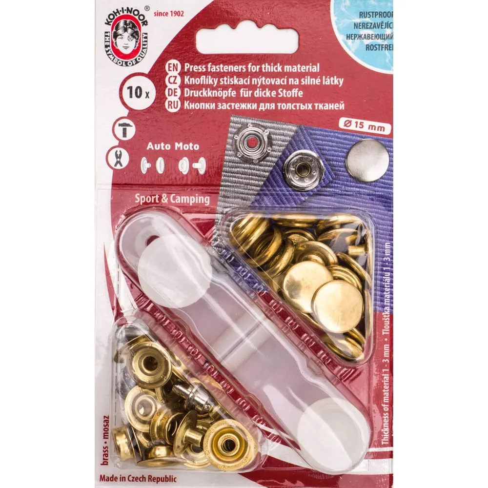 Set de boutons-pression | 15 mm | Auto Moto | laiton doré | 10 pièces