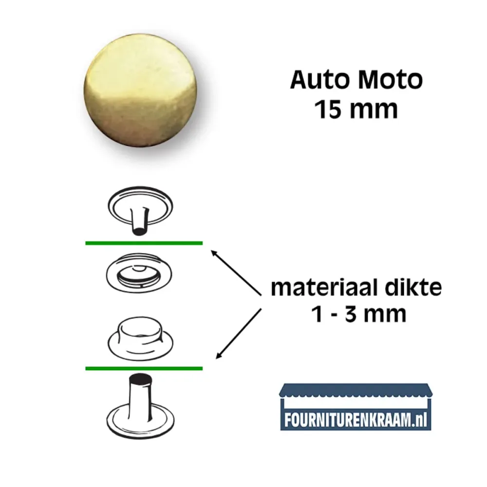 Set de boutons-pression | 15 mm | Auto Moto | laiton doré | 10 pièces
