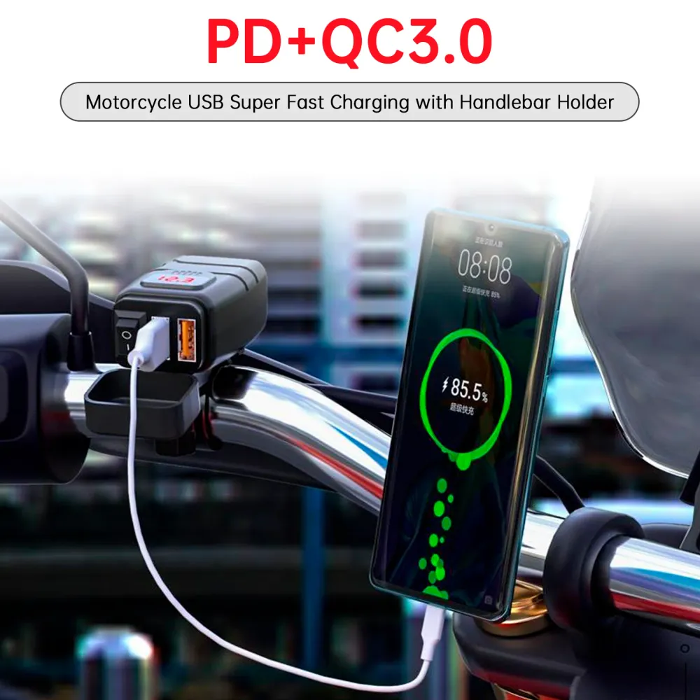 Support de guidon de chargeur USB Super rapide pour moto, adaptateur d'alimentation PD + QC3.0 Tpye-C