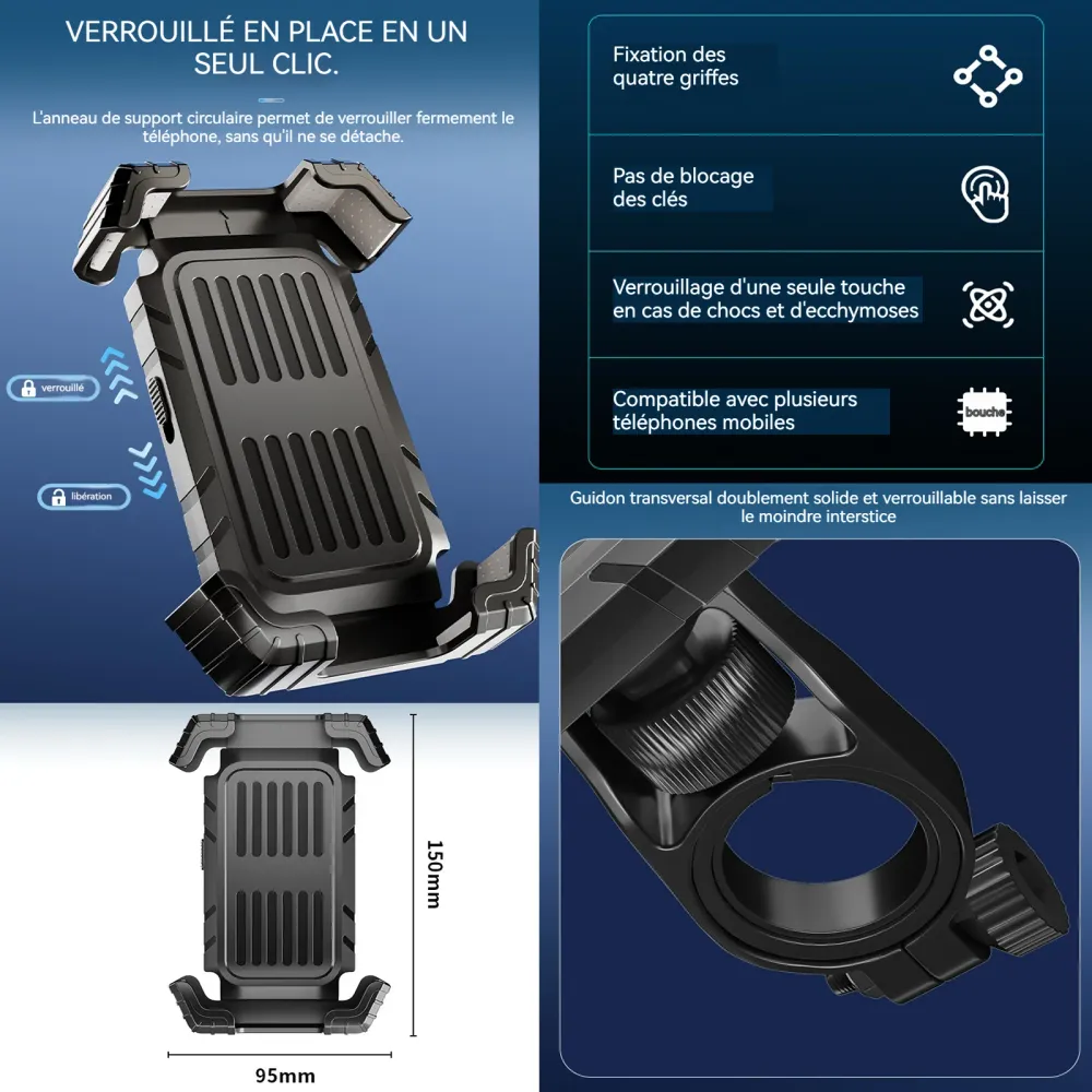 Support telephone moto 15x9,5cm 360 degrés rotation 18-28mm guidon diamètre porte telephone velo portable pour vélo électr...