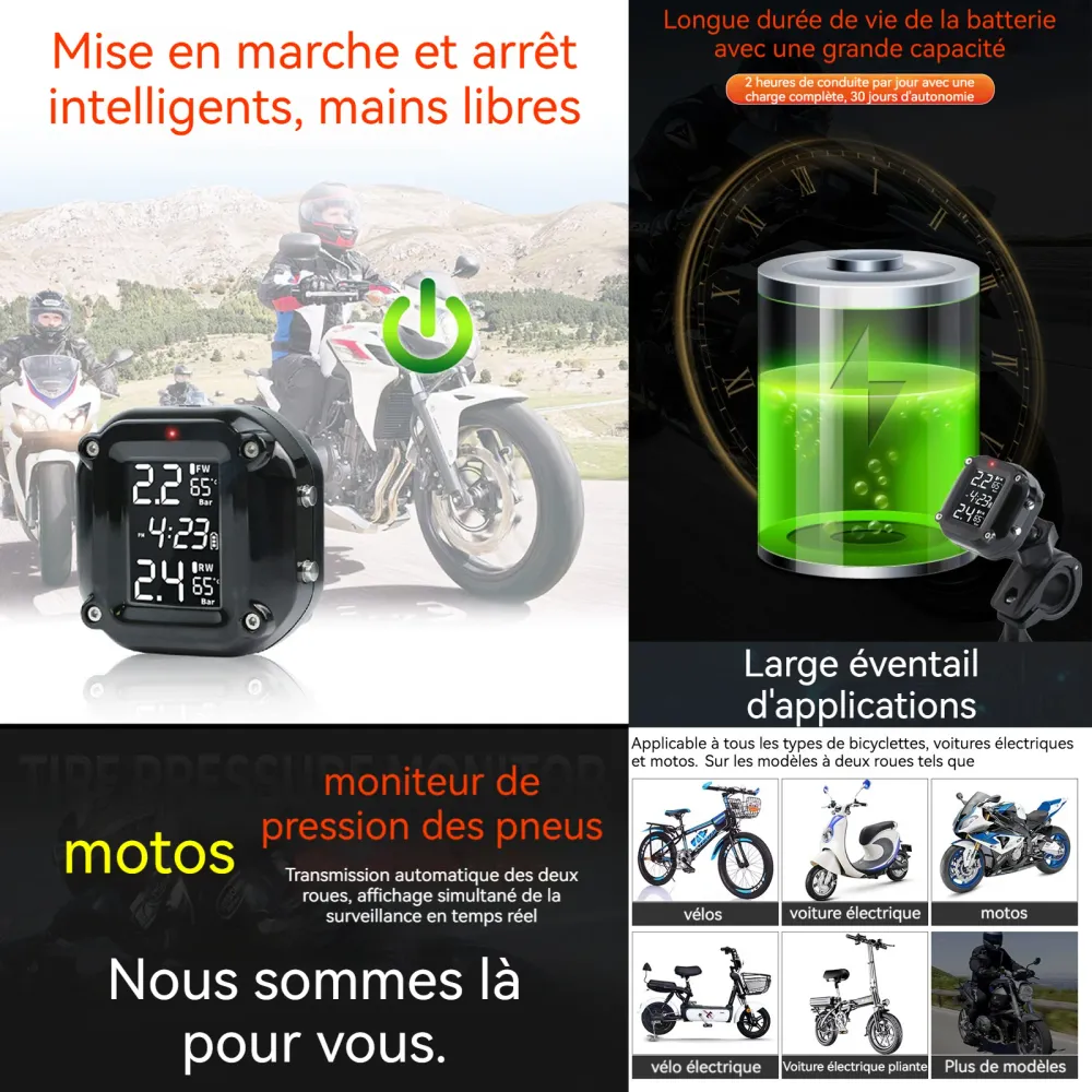 Système de surveillance de la pression des pneus pour moto sans fil étanche moniteur en temps réel de pression et de tempé...