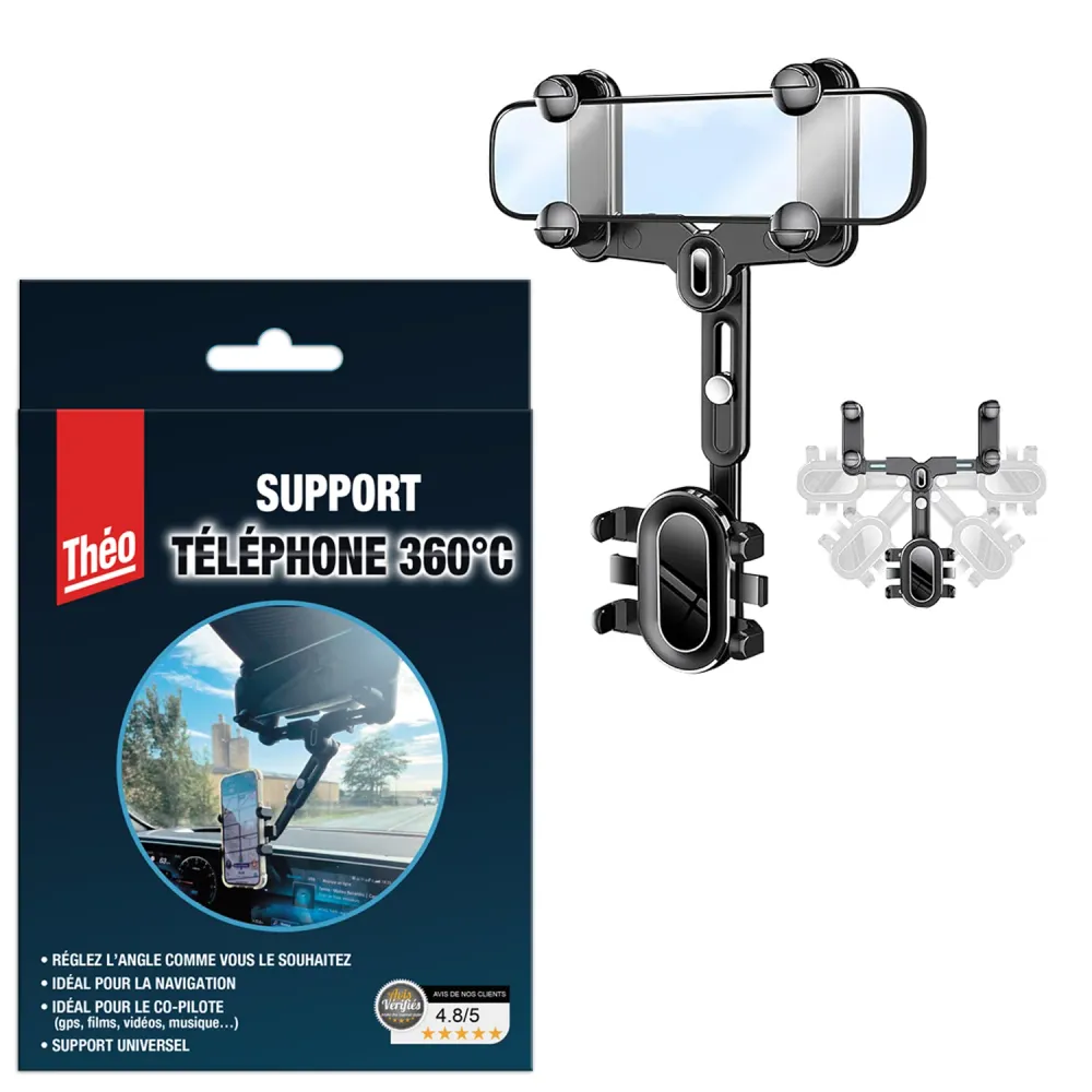 Support Téléphone Universel De Voiture pour Rétroviseur 360°, Toutes Voitures Compatibles, Facile à Installer, Durable Théo
