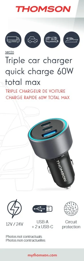 Thomson - CHARGEUR DE VOITURE 12/24V PD 30W + QC 3.0 18W
