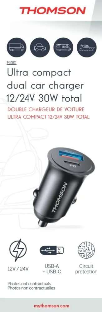Thomson - CHARGEUR DE VOITURE ULTRA COMPACT 12/24V PD 20W QC 3.0 18W