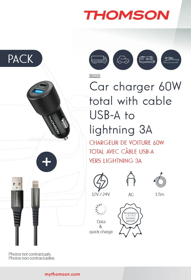 Thomson - PACK CHARGEUR VOITURE 60W + CABLE LIGHTNING 5A