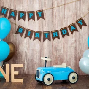 Toile de fond de 1er joyeux anniversaire rétro voiture bleu brun en bois photographie
