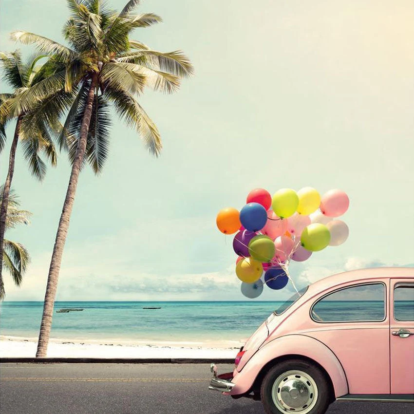 Toile de fond de ballon de voiture de bord de mer pour la photographie de paysage de vacances d'été 1