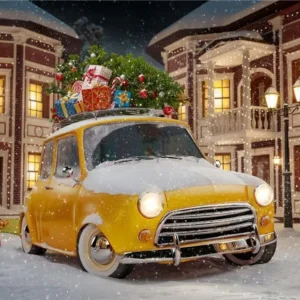 Toile de fond de neige d'hiver vieille voiture jaune de Noël
