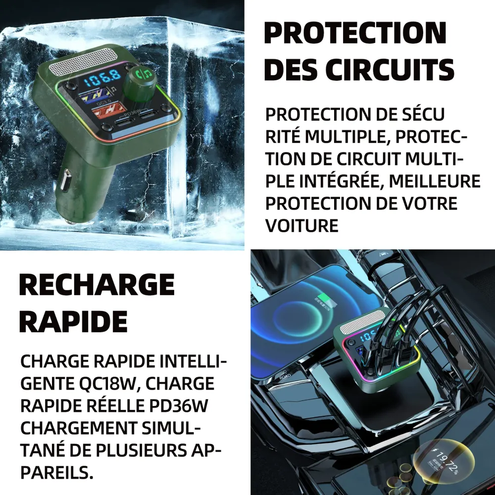 Transmetteur FM bluetooth 5,3 10m FM de voiture 36W QC3.0 charge rapide et port USB adaptateur bluetooth voiture chargeur...