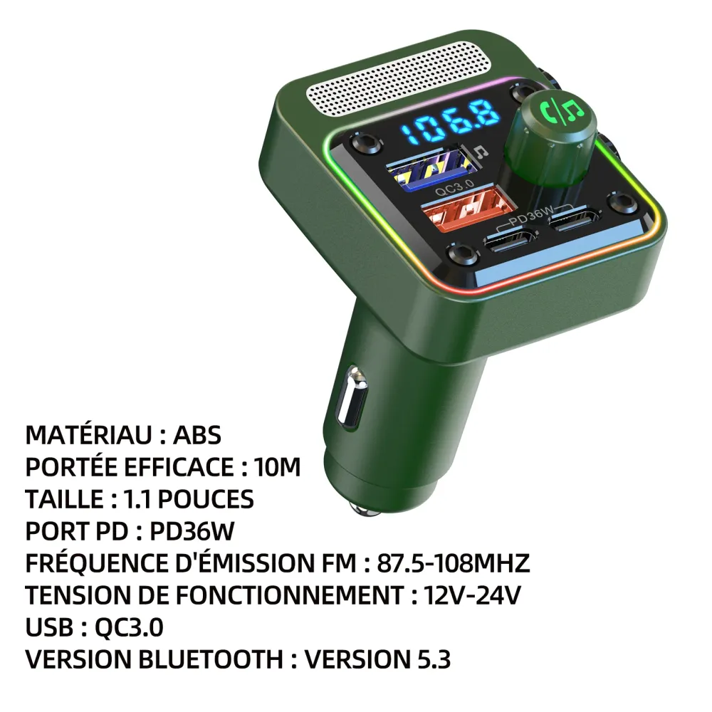 Transmetteur FM bluetooth 5,3 10m FM de voiture 36W QC3.0 charge rapide et port USB adaptateur bluetooth voiture chargeur...