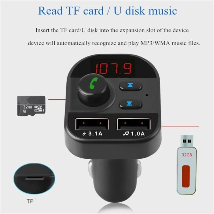 TD® Transmetteur FM Bluetooth de voiture Adaptateur Radio sans fil USB Chargeur Lecteur MP3