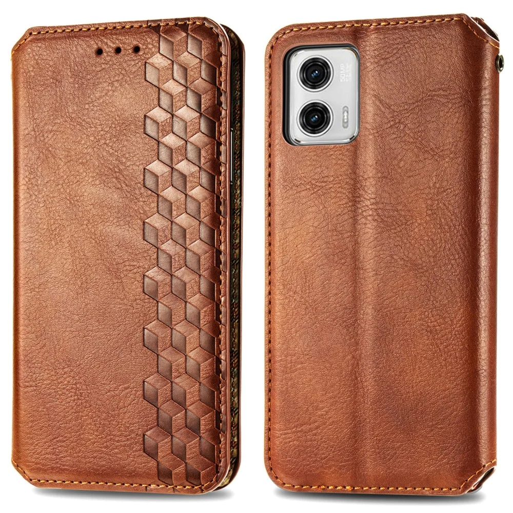 Étui en cuir avec une impression de losange stylisé pour Motorola Moto G73 - Marron