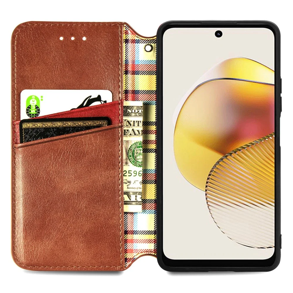 Étui en cuir avec une impression de losange stylisé pour Motorola Moto G73 - Marron