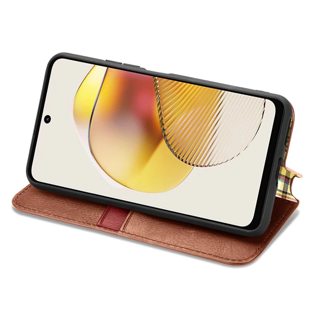 Étui en cuir avec une impression de losange stylisé pour Motorola Moto G73 - Marron