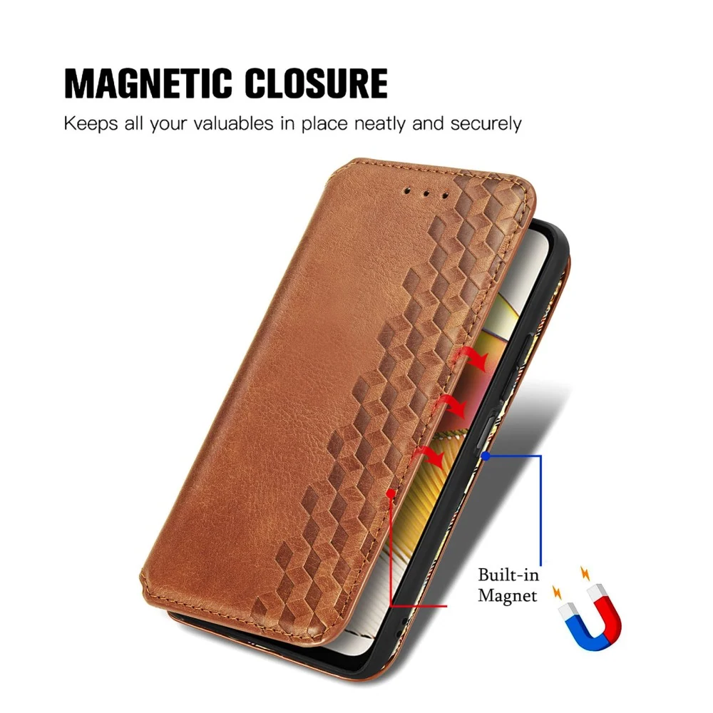 Étui en cuir avec une impression de losange stylisé pour Motorola Moto G73 - Marron