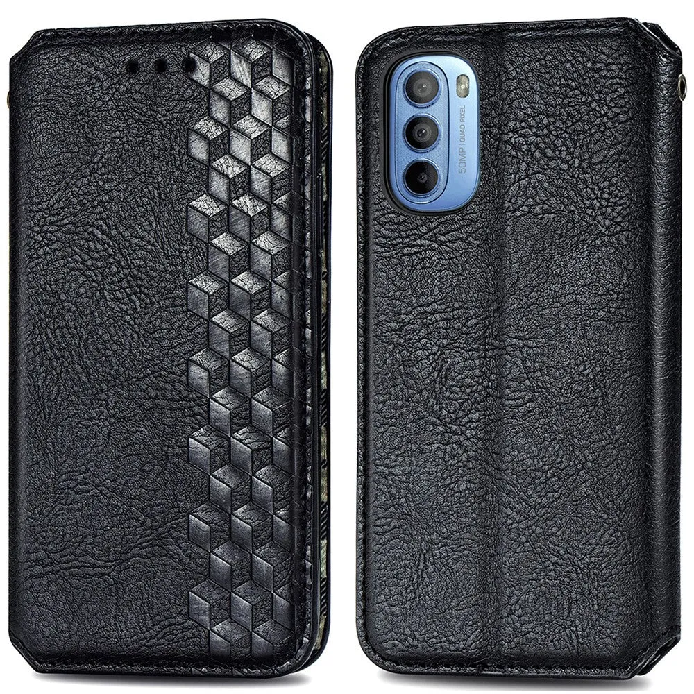 Étui en cuir avec une impression de losange élégante pour Motorola Moto G41 - Noir