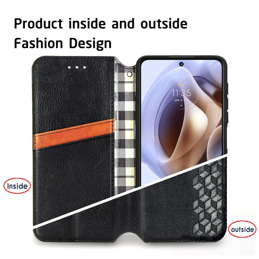 Étui en cuir avec une impression de losange élégante pour Motorola Moto G41 - Noir
