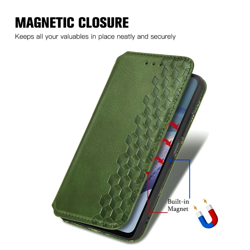 Étui en cuir avec une impression de losange élégante pour Motorola Moto G53 - Vert