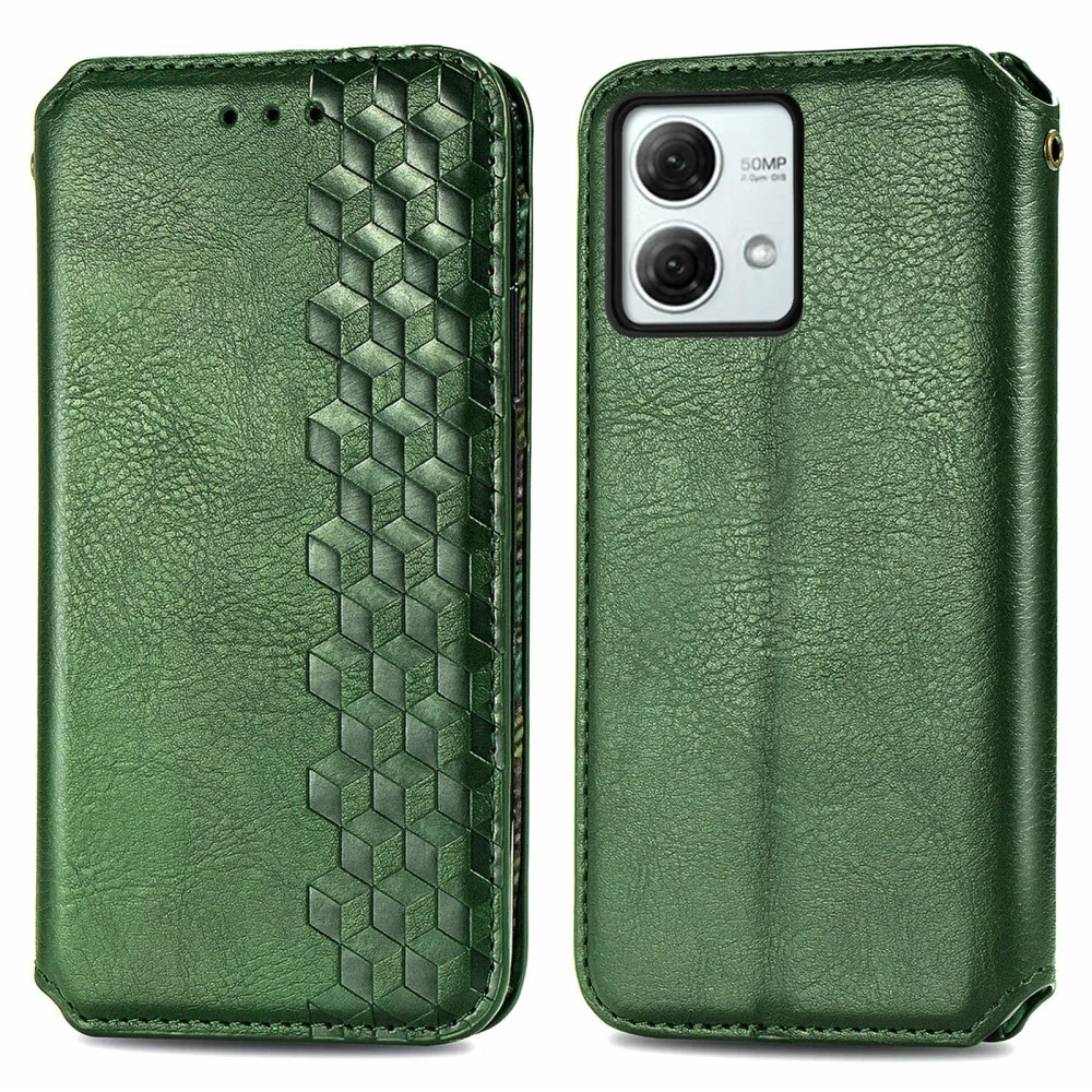Étui en cuir avec une élégante empreinte de losange pour Motorola Moto G84 - Verte