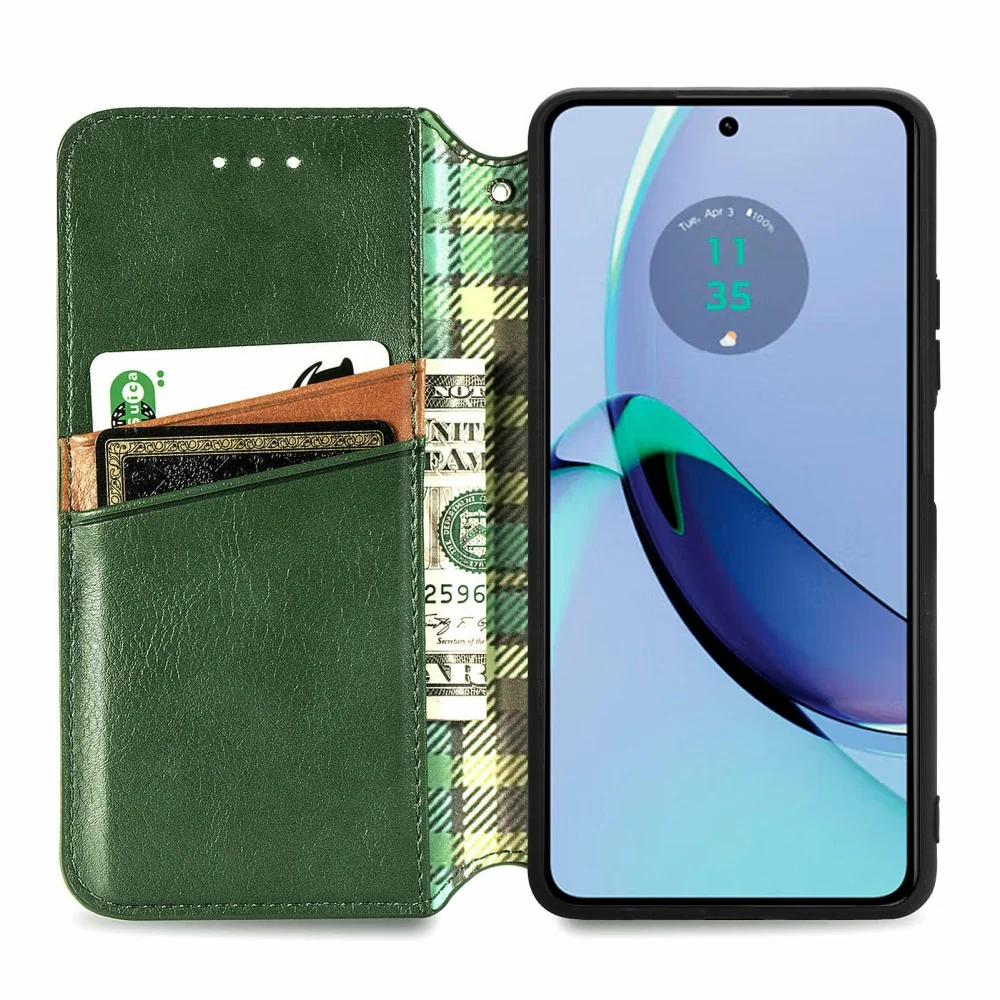 Étui en cuir avec une élégante empreinte de losange pour Motorola Moto G84 - Verte