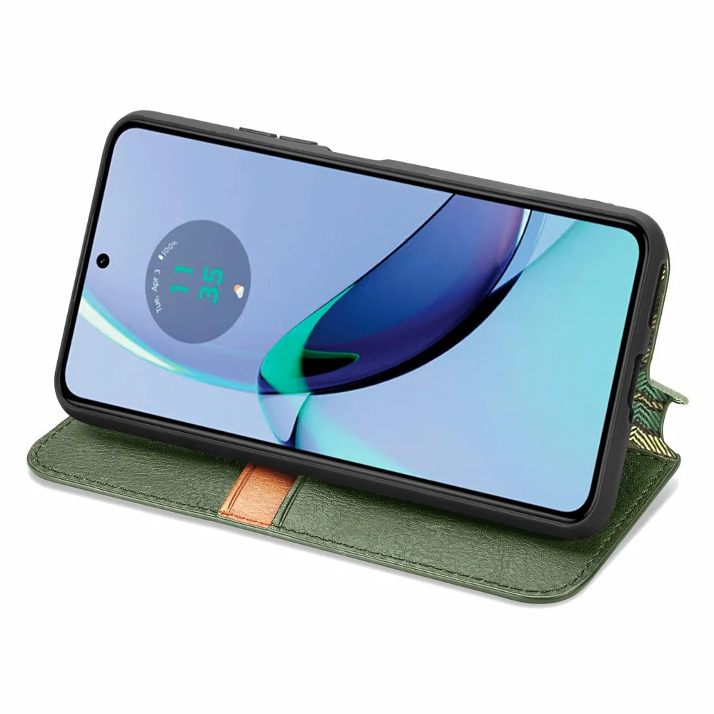 Étui en cuir avec une élégante empreinte de losange pour Motorola Moto G84 - Verte