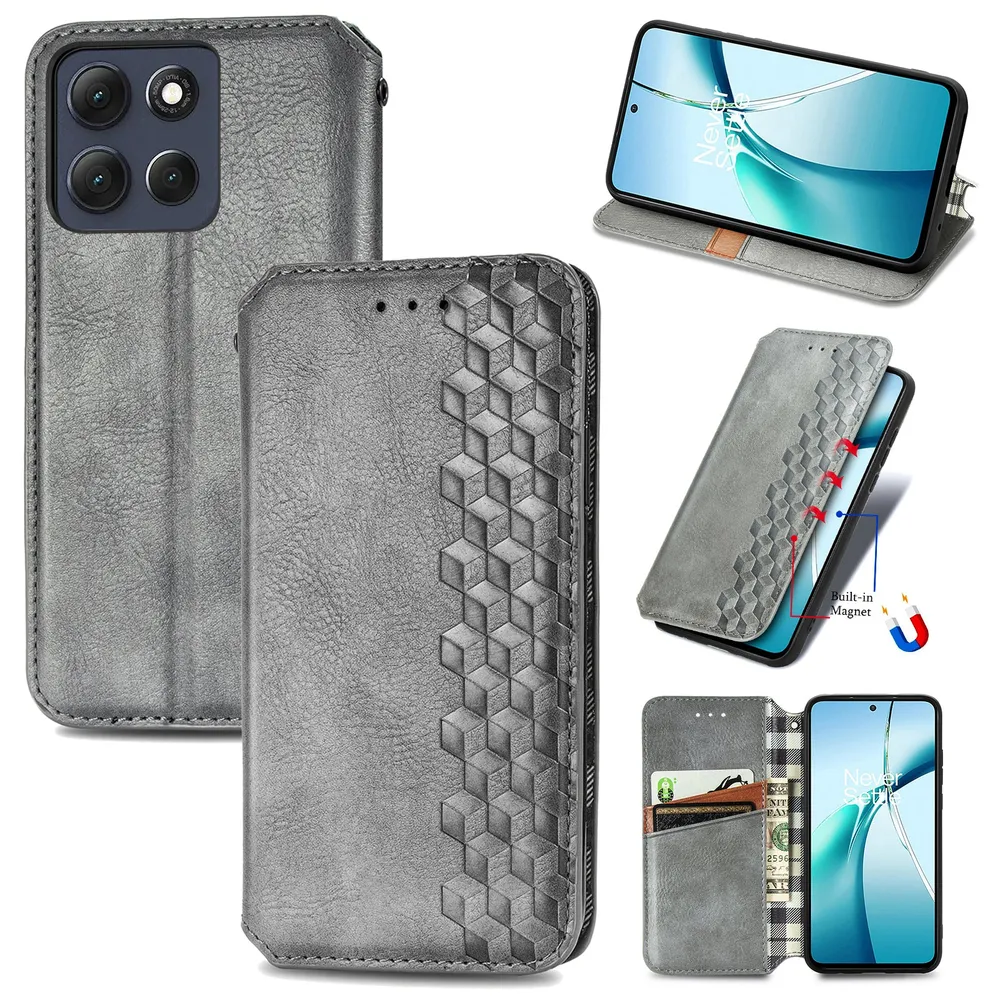 Étui en cuir avec une élégante empreinte de losange pour Motorola Moto G86 - Grise