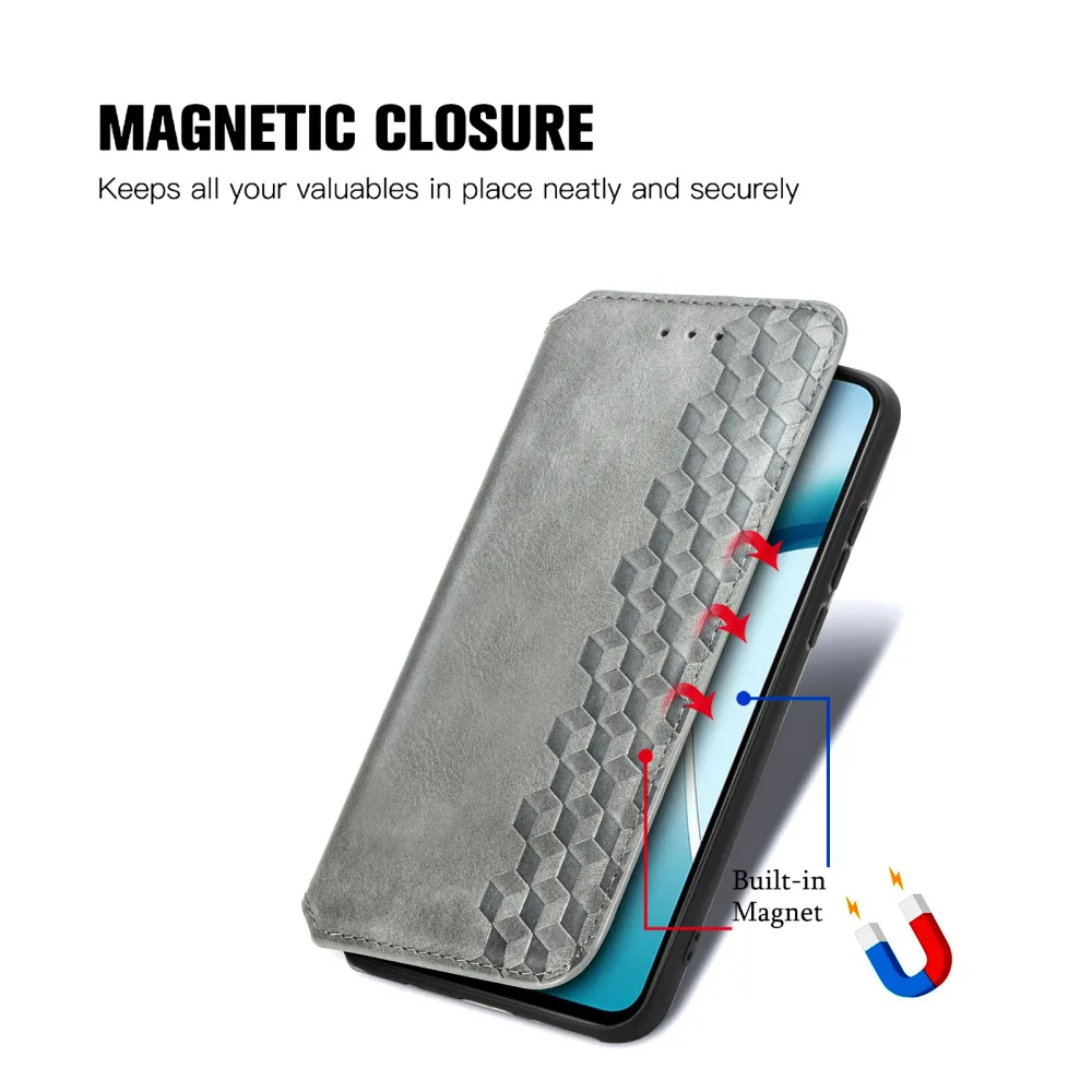 Étui en cuir avec une élégante empreinte de losange pour Motorola Moto G86 - Grise