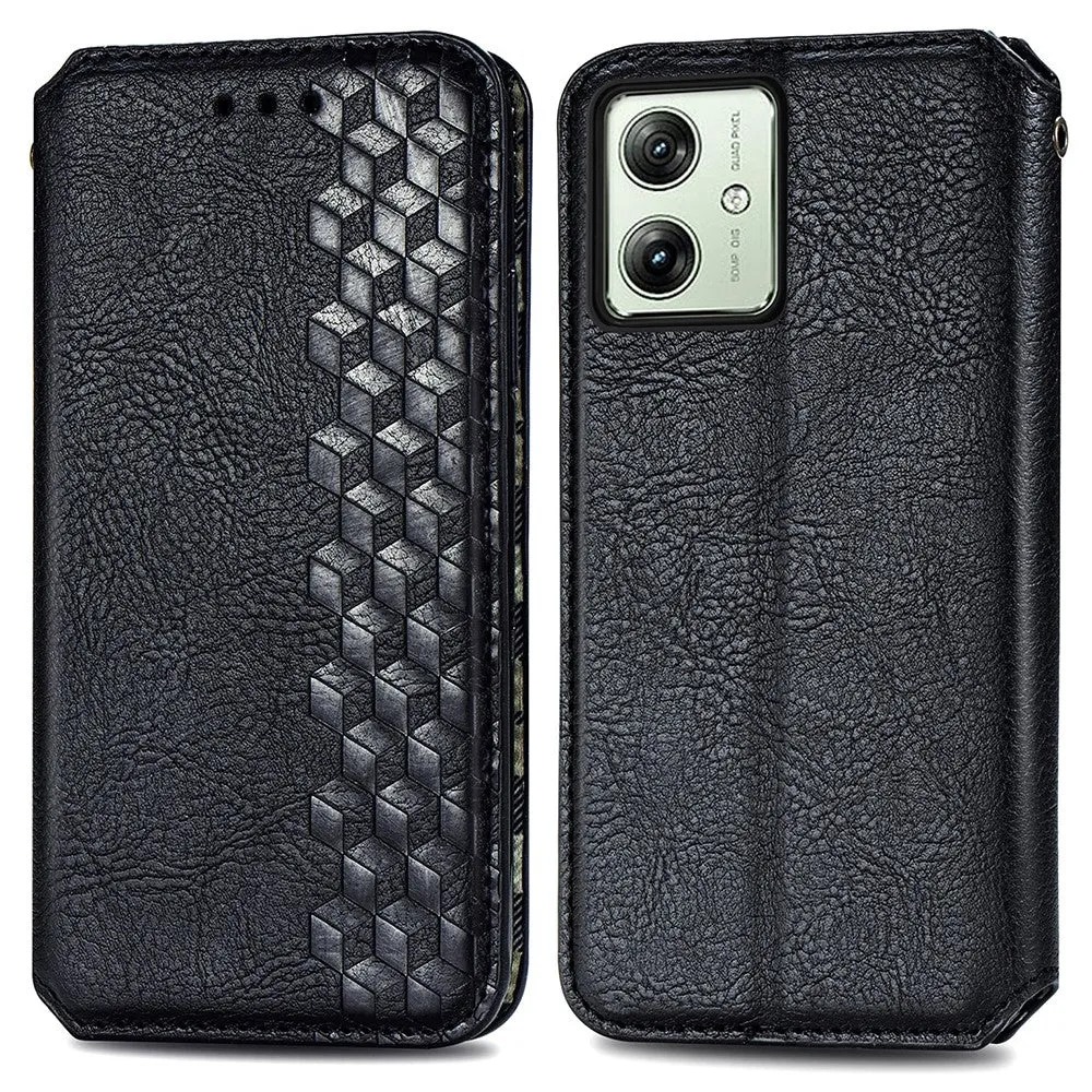 Étui en cuir pour Motorola Moto G54 avec une impression élégante de losange - Noir