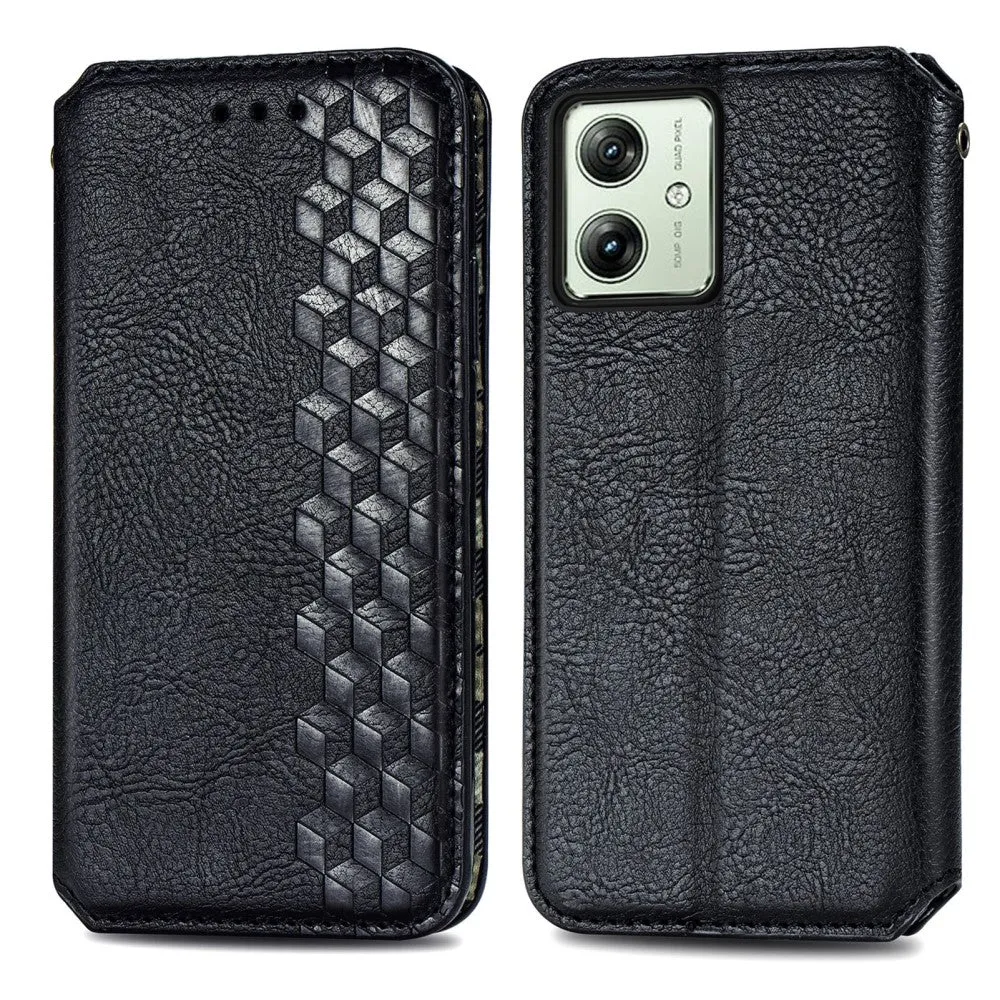 Étui en cuir pour Motorola Moto G54 avec une impression élégante de losange - Noir