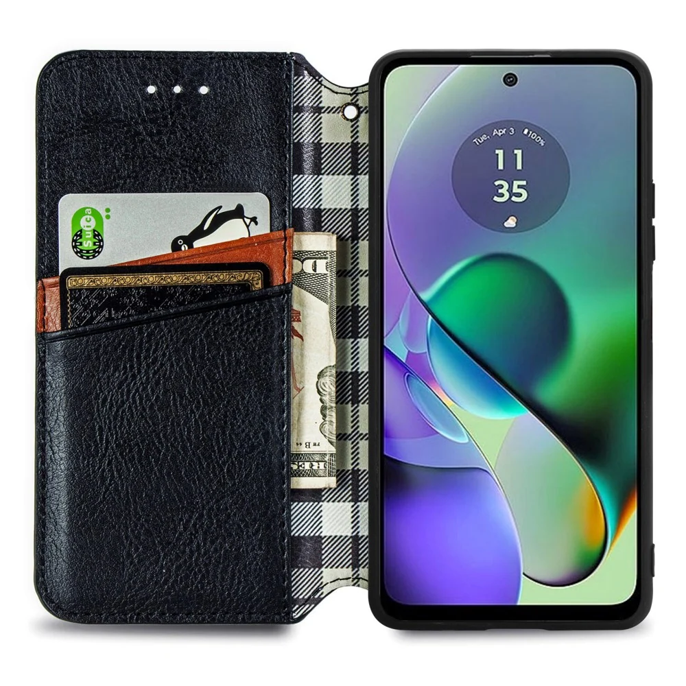 Étui en cuir pour Motorola Moto G54 avec une impression élégante de losange - Noir
