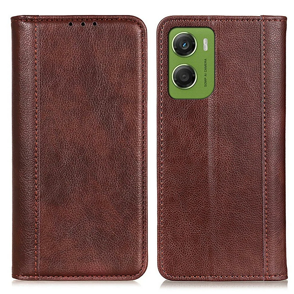 Étui en cuir véritable avec fermeture magnétique pour Motorola Moto G06 - Marron