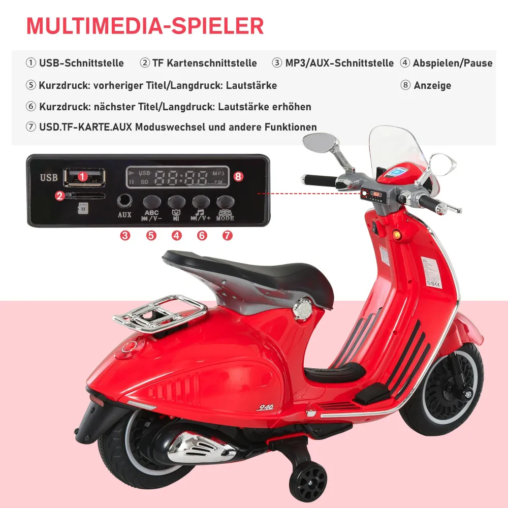 Véhicule pour enfants, moto électrique avec éclairage musical MP3, 3-6 ans, PP, rouge, 108x49x75cm