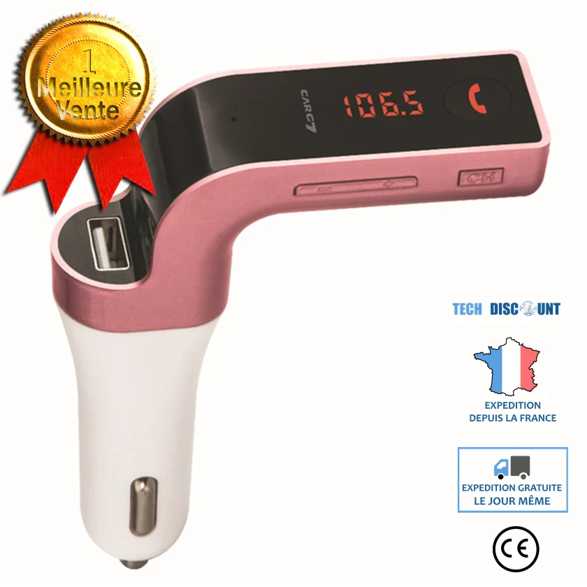 TD® Voiture Sans Fil Bluetooth FM Radio Transmetteur . Music Control. Appel Mains Libres. avec Chargement USB (Pink)