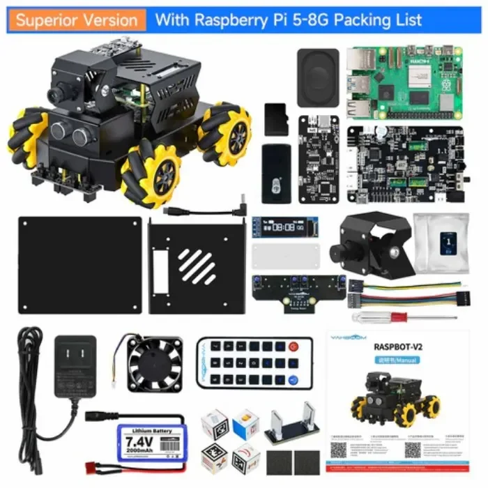 Yahboom Raspbot V2 Robot Voiture Grand Modèle IA avec Raspberry Pi 5 8GB