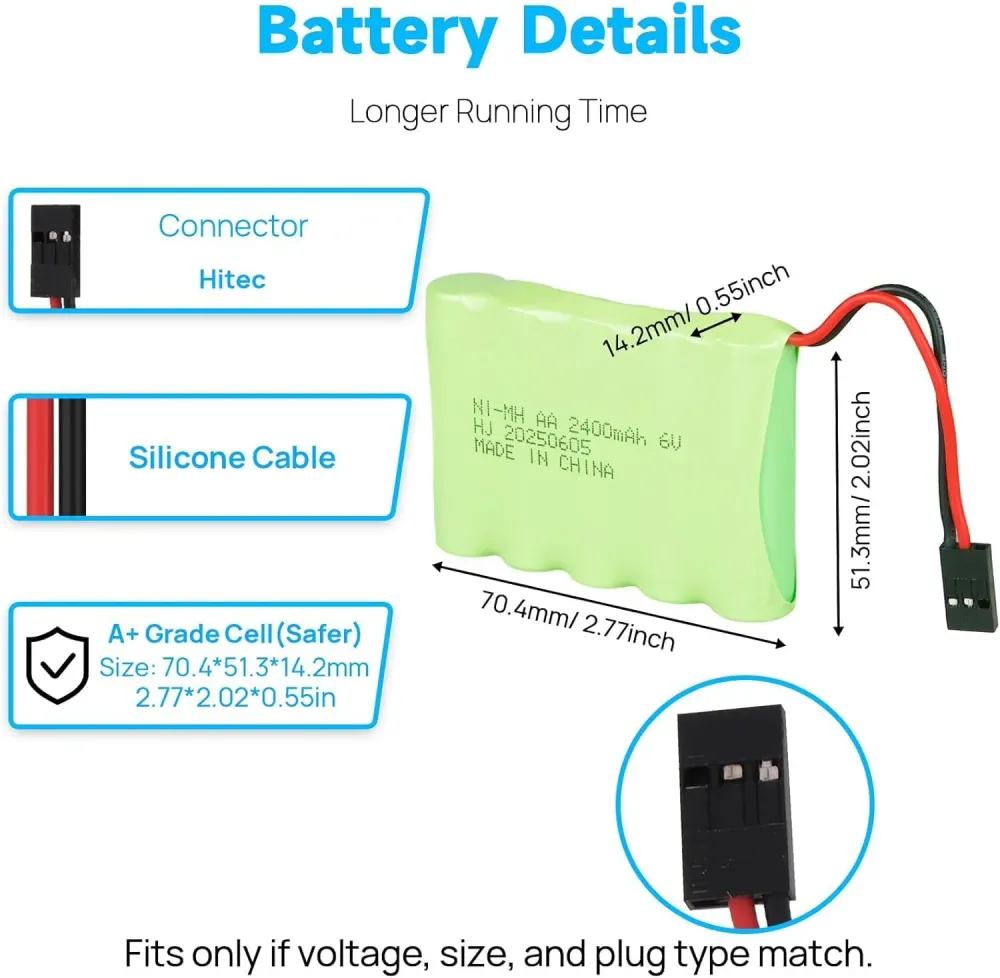 Batterie rechargeable 1 pièce 4.8V Ni-Mh 2400 mAh pour télécommande de voiture YUNIQUE GREEN-CLEAN-POWER