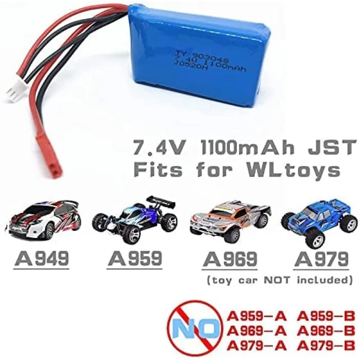 2 Pièces 7.4V 1100mAh Batteries pour Voiture Drone Wltoys A949 A959 A969 A979 V912 V913 V262 L959 T23 T55 F45 YUNIQUE GREE...