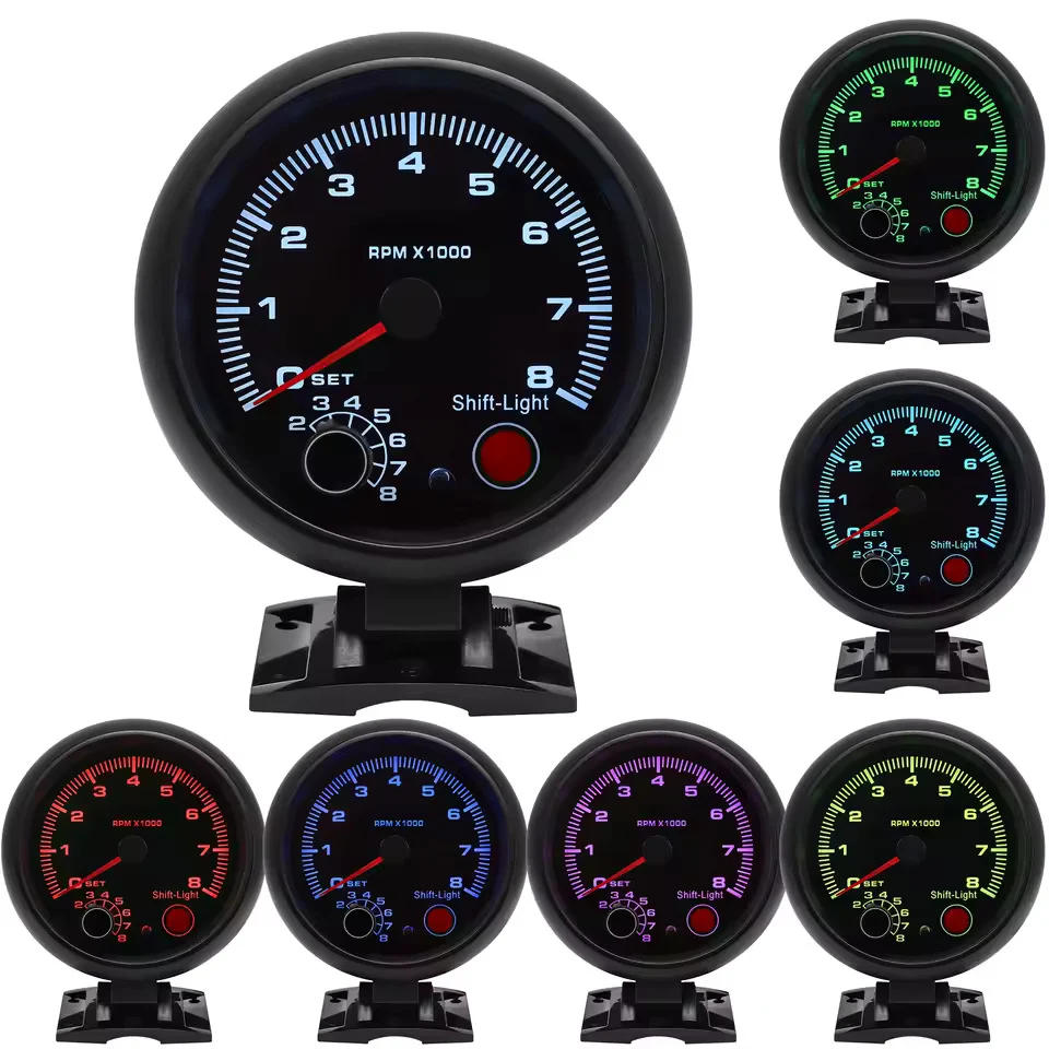 Tachymètre voiture 12V 0-8000 RPM – Compteur tours moteur universel 4, 6, 8 cylindres, rétroéclairage LED 7 couleurs, jaug...